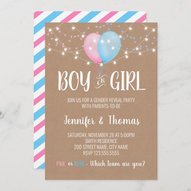 Invitación Revelación de género de globos Chicas o niños (Anverso / Reverso)