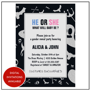 Invitación Revelación de género de Halloween él o ella brillo