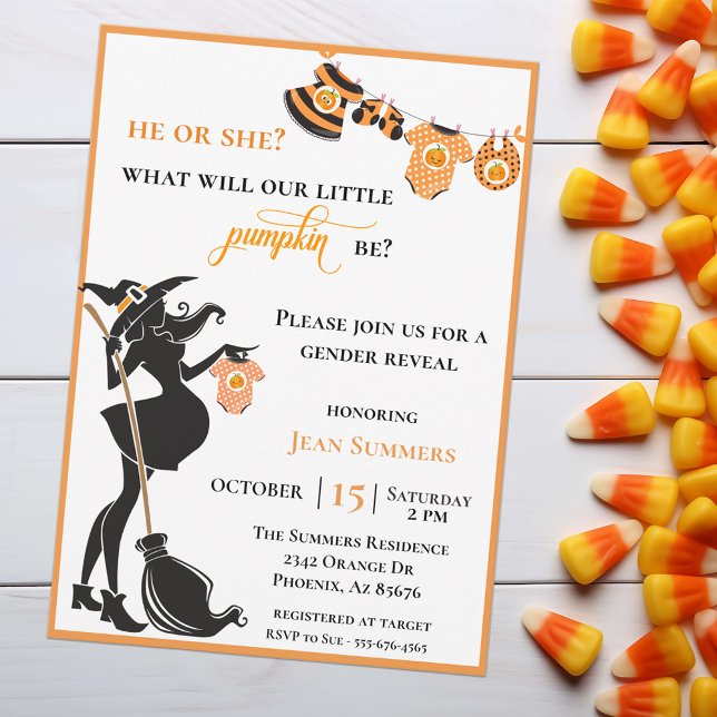 Invitación Revelación de género de Halloween Witch Octubre (Subido por el creador)