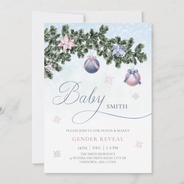 Invitación Revelación de género de invierno de baubles de árb (Anverso)