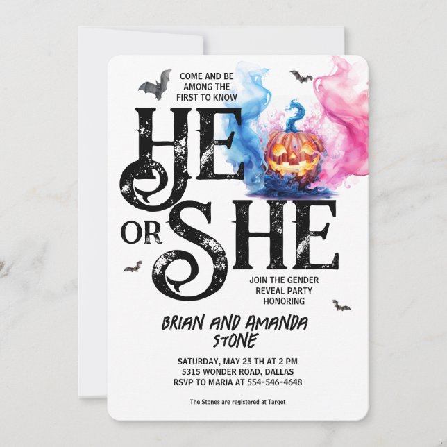 Invitación Revelación de género de Jack O'Lantern Pink Blue H (Anverso)