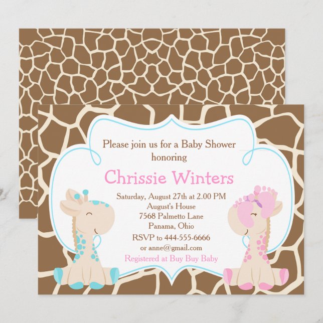 Invitación Revelación de género de jirafa suave o Baby Shower (Anverso / Reverso)