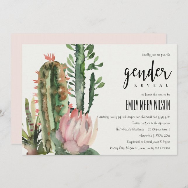 INVITACIÓN REVELACIÓN DE GÉNERO DE LA FLORAL BOHO PINK DESERT (Anverso / Reverso)