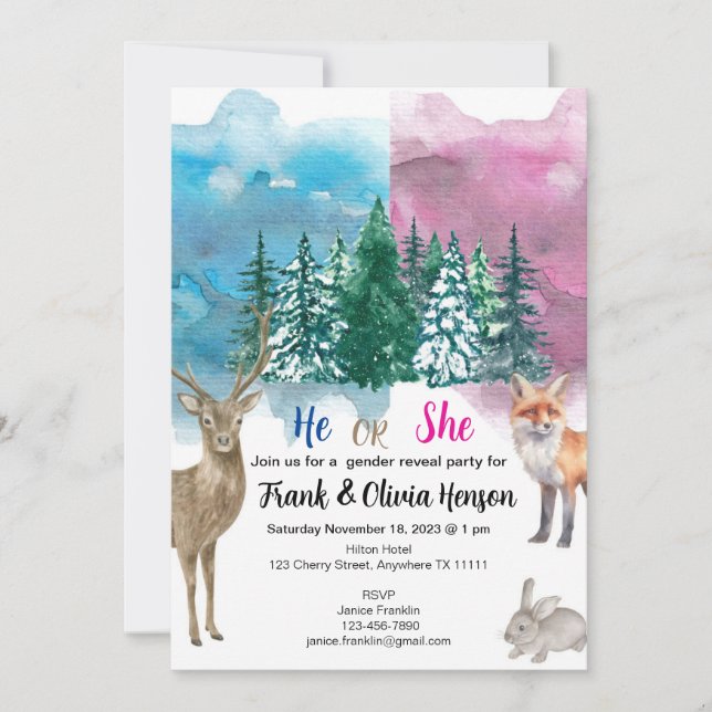 Invitación Revelación de género de la selva de invierno (Anverso)