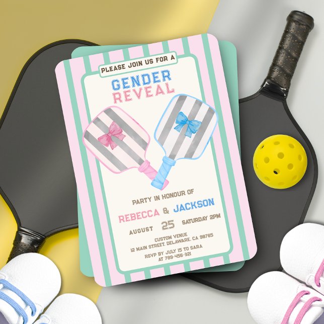 Invitación Revelación de género de las bandas de los clubes r (Country Club Stripes Pickleball Gender Reveal Invitation)