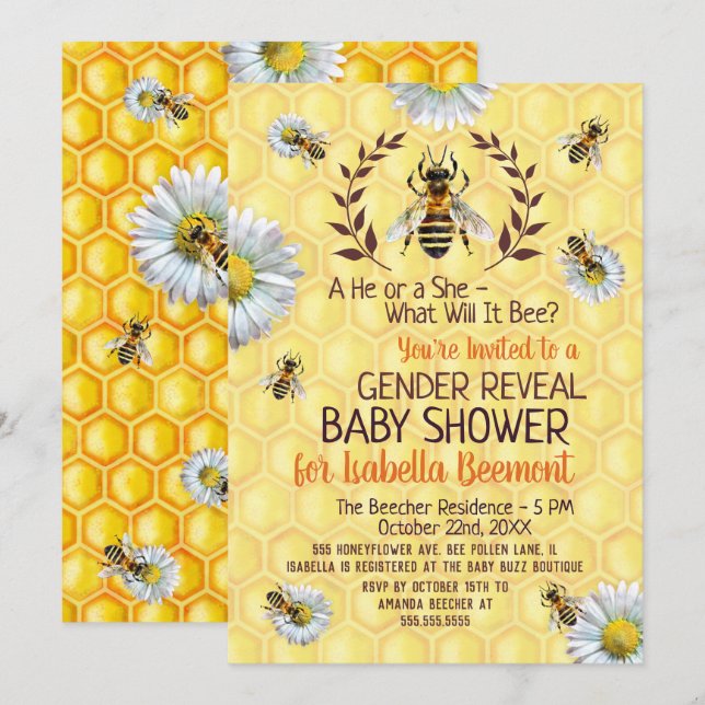 Invitación Revelación de género de las flores de abeja de Bab (Anverso / Reverso)