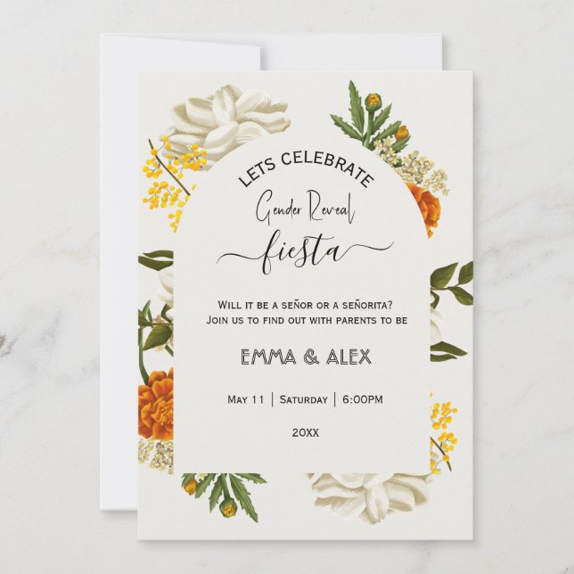 Invitación Revelación de género de las flores mexicanas Cinco (Anverso)