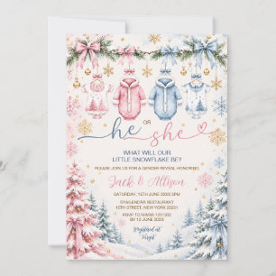 Invitación Revelación de género de lazo él o ella copo de nie