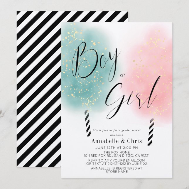 Invitación Revelación de género de los dulces rosados y Verde (Anverso / Reverso)