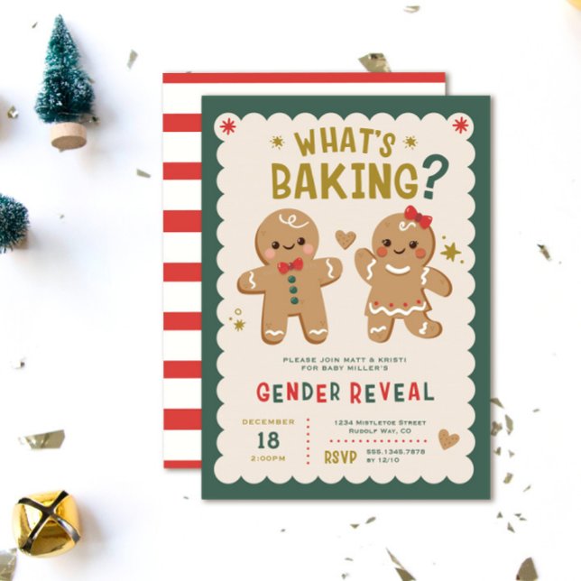 Invitación Revelación de género de los Navidades que hacen pa (What's Baking? Christmas gingerbread gender reveal invitations. He or She)