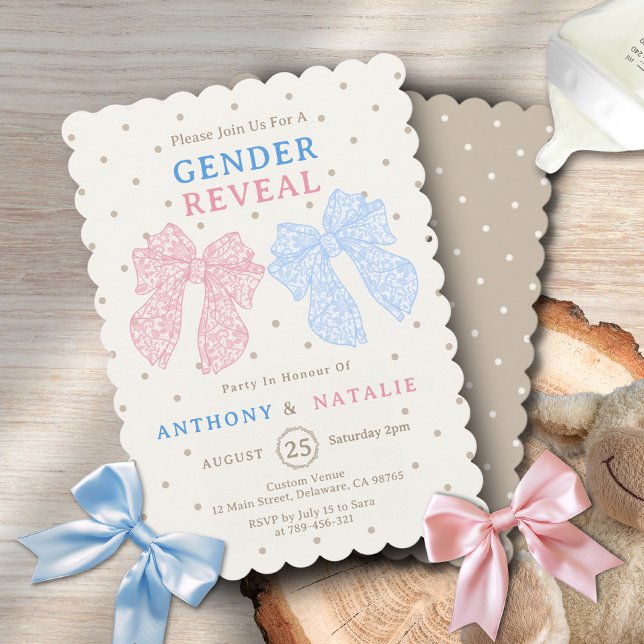 Invitación Revelación de género de los puntitos de polka rosa (Polka Dots Pink Ribbon Blue Bow Tie Gender Reveal Invitation )