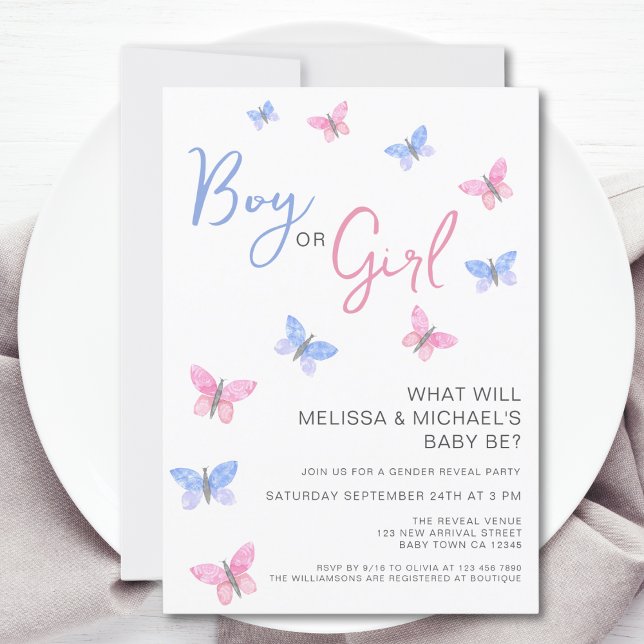 Invitación Revelación de género de mariposa de Chica o niño (Subido por el creador)