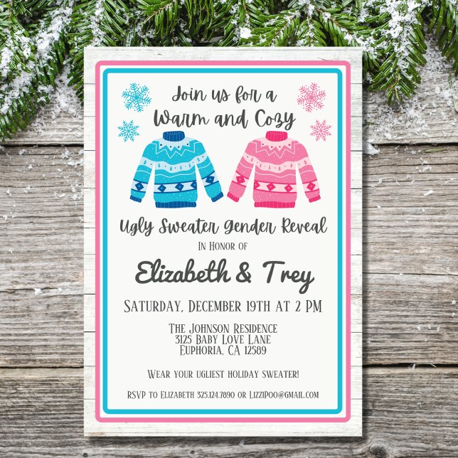 Invitación Revelación de género de Navidades de suéter rosa o (The perfect winter gender reveal!  The ugly sweater invitations are sure to make your party festive)
