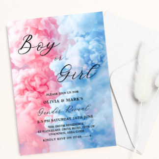 Invitación Revelación de género de niño o Chica con humo rosa