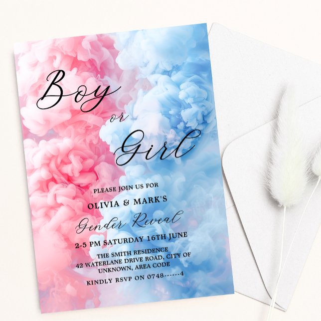 Invitación Revelación de género de niño o Chica con humo rosa (Subido por el creador)