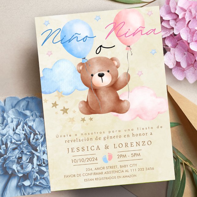 Invitación Revelación de género de nino o nina en globo de os (Spanish Nino o Nina Bear Balloon Gender Reveal Invitation)
