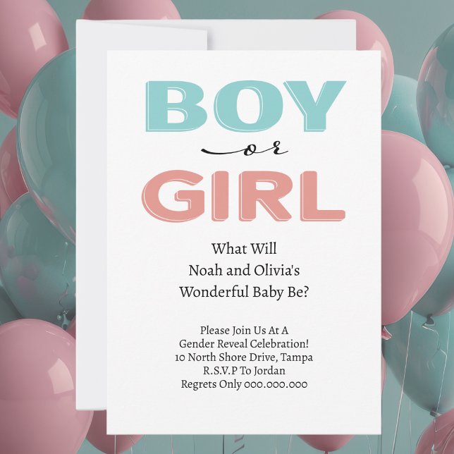 Invitación Revelación de género de niño simple rosa azul Chic (Boy or Girl Gender Reveal Party Celebration Invitations. Simple and modern with parents names,)