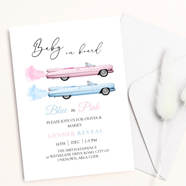 Invitación Revelación de género de niños con auto cadillac az (Subido por el creador)