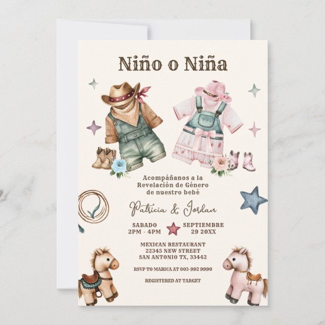 Invitación Revelación de género de nove nino o nina (Anverso)