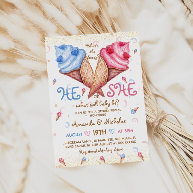 Invitación Revelación de género de oro azul rosa de crema de  (Subido por el creador)