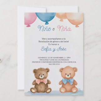 Invitación Revelación de género de osito de peluche español e