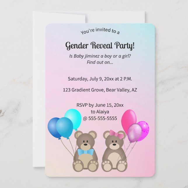 Invitación Revelación de género de ositos de peluche y globos (Anverso)