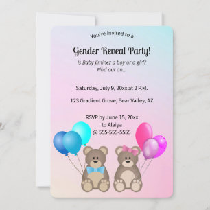 Invitación Revelación de género de ositos de peluche y globos