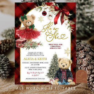 Invitación Revelación de género de oso de lujo de Navidad roj
