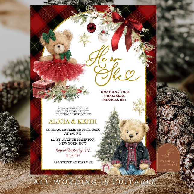 Invitación Revelación de género de oso de lujo de Navidad roj (Subido por el creador)