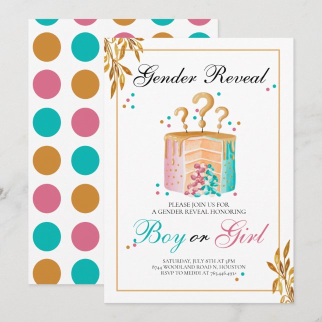 Invitación Revelación de género de pastel de chica o niño (Anverso / Reverso)