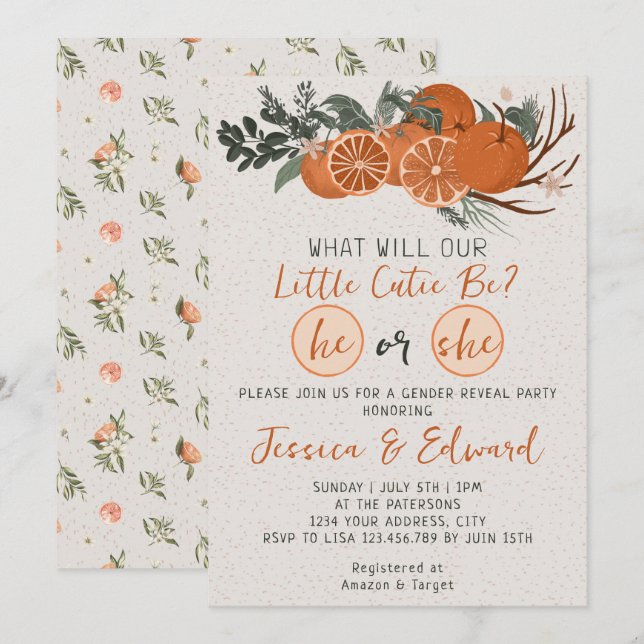 Invitación Revelación de género de pequeño Naranja de cítrico (Anverso / Reverso)