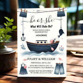 Invitación Revelación de género de pesca de peces de madera d