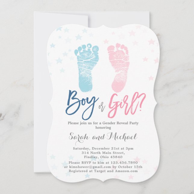 Invitación Revelación de género de pies de niño o Chica (Anverso)