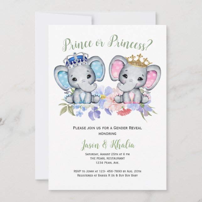 Invitación Revelación de género de príncipe o princesa (Anverso)