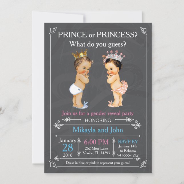 Invitación Revelación de género de príncipe o princesa - cauc (Anverso)