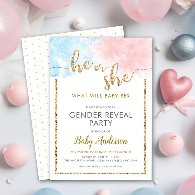 Invitación Revelación de género de Purpurina de oro de acuare (Subido por el creador)