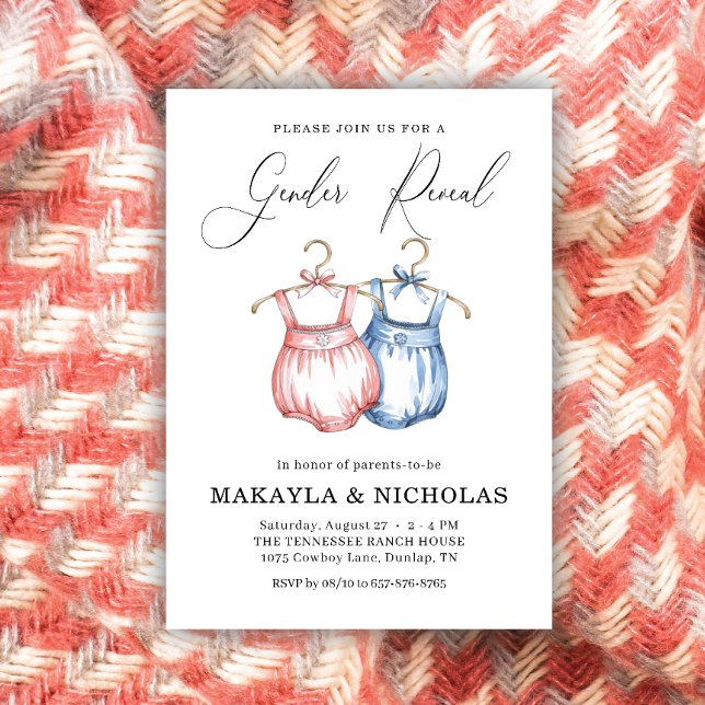 Invitación Revelación de género de ropa de bebé azul rosa de  (Subido por el creador)