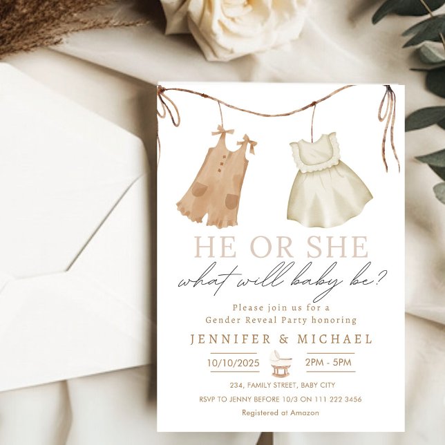 Invitación Revelación de género de ropa de bebé boho (Boho Baby Clothes Gender Reveal Invitation)