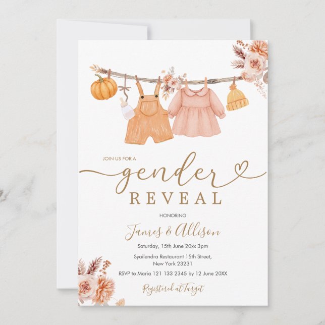 Invitación Revelación de género de ropa de bebé de calabaza b (Anverso)
