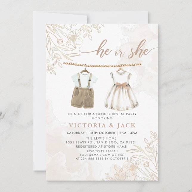 Invitación Revelación de género de ropa de bebé de flores sil (Anverso)