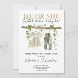 Invitación Revelación de género de ropa de bebé neutra de Boh