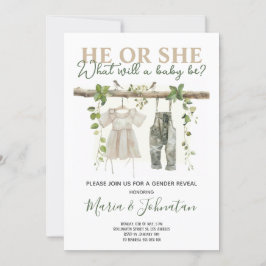 Invitación Revelación de género de ropa de bebé neutra de Boh