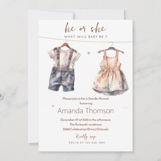 Invitación Revelación de género de ropa de bebé rústica (Anverso)
