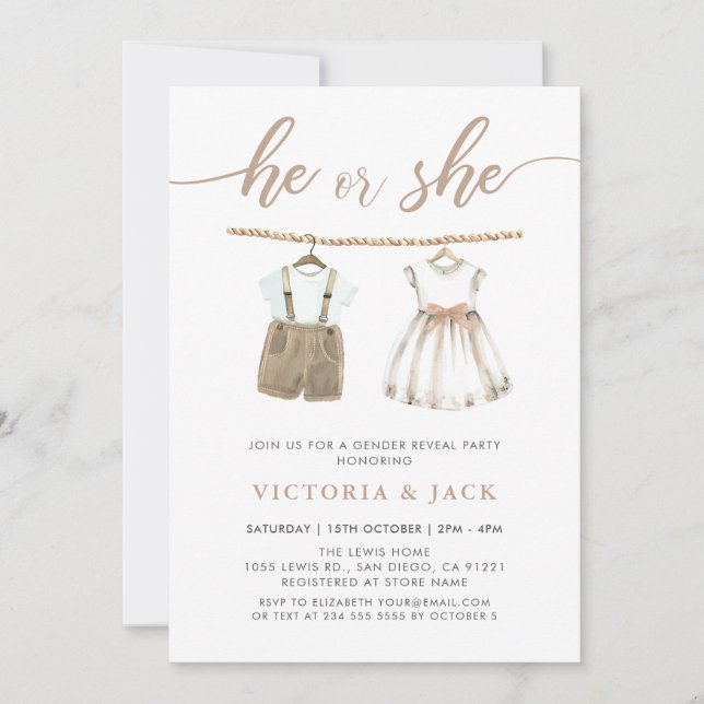 Invitación Revelación de género de ropa neutra para bebés (Anverso)