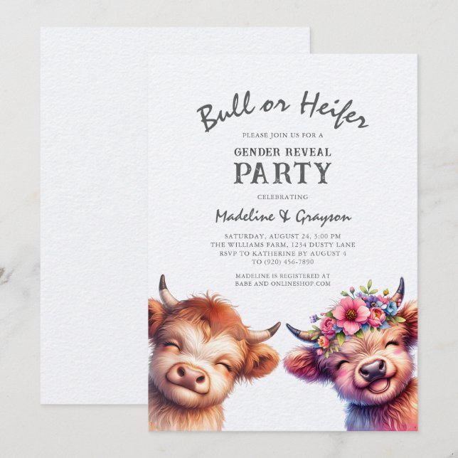 Invitación Revelación de género de vacas de Highland (Anverso / Reverso)
