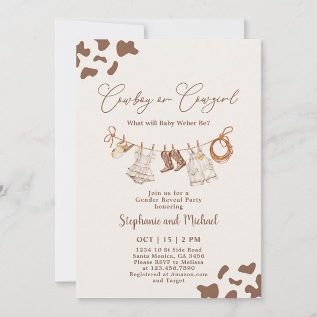 Invitación Revelación de género de vaqueros o vacas (Anverso)