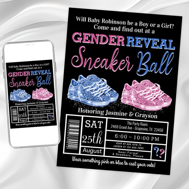 Invitación Revelación de género de zapatillas (Sneaker ball gender reveal invitations. Instant download and printed invitations available.)