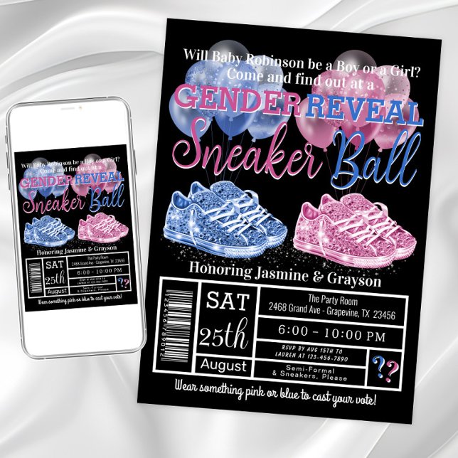 Invitación Revelación de género de zapatillas de bebé (Cute sneaker gender reveal invitation. Instant download and printed invitations available.)
