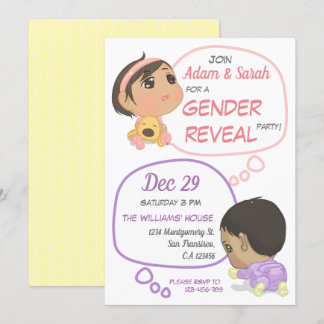 Invitación Revelación de género del bebé comico rosa y púrpur