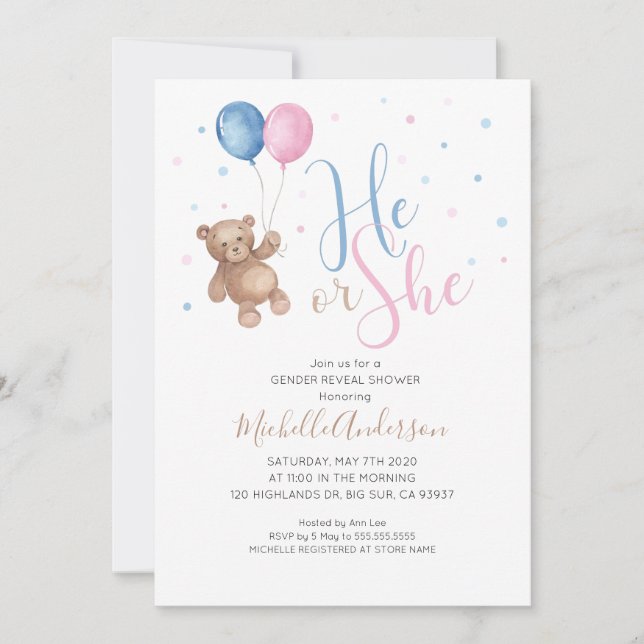 Invitación Revelación de género del bebé de osito de peluche (Anverso)
